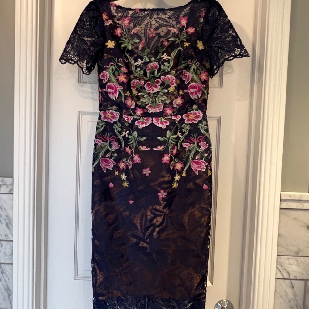 Marchesa Notte Embroidered Lace Midi Dress